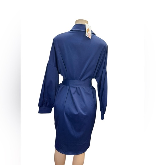 Prettygarden. Blue Midi Shirt Dress with Belt - Picture 3 of 10